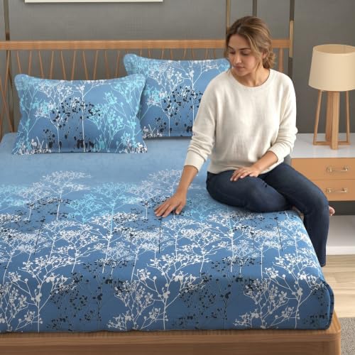 Image of Mafatlal 186 TC Cotton Bedsheet for King Size Bed | 108 x 108 Inches | Cooling Breathable Summer Bedding | Soft Durable Fabric with 2 Pillow Covers| Autumn Delight | Moonlit Blue