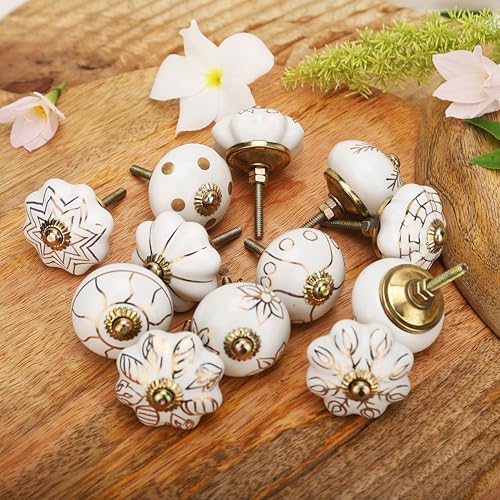 Image of Craft Trade Ceramic Furniture Knobs for Drawer Wardrobe Kitchen Desk Cabinets Dressers Cupboards Vintage Assorted Decorative Golden Print Pull Handle Interior Decor Pack of 12, Cream