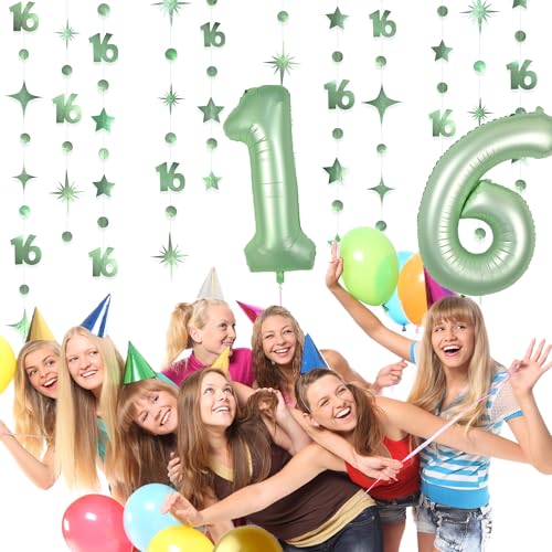 Image of Sage Green Number 16 Circle Dot Twinkle Star Garland Hanging Streamer Bunting Banner Backdrop Decorations for Girls Happy 16th Birthday Sweet Sixteen 16th Anniversary Cheers to 16 Years Party Decor
