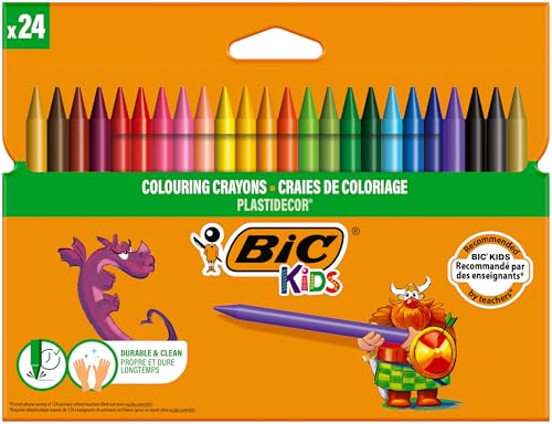 BIC Kids Ceras de Colores para Niños, Óptimo para material escolar,Plastidecor, Colores Vivos Surtidos, Ideal para colorear, 24 Ceras (Paquete de 1)