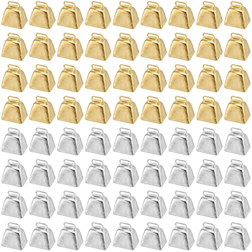 KEILEOHO 72 PCS Mini Cow Bells Metal Cowbell for Crafts Wind Chimes Wedding Parties Decorations Gold and Silver 1 Inch