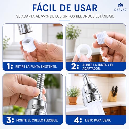 Miniatura 4 de Gaevaz Aireador Para Grifo Cocina Aireador Giratorio 360 Para Cocina Y Baño Adaptado Grifo Cocina Con Dos Modos Universal Fácil De Instalar Aireador Plateado