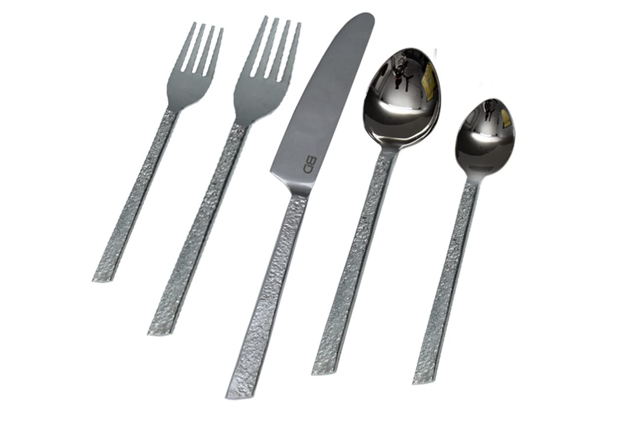Bold & Divine Hammered Silver 5pcs Flatware Cutlery Set, Premium Stainless Steel Cutlery Set Service for 1 Include Knife/Fork/Spoon, Solid Stainless Steel Flatware