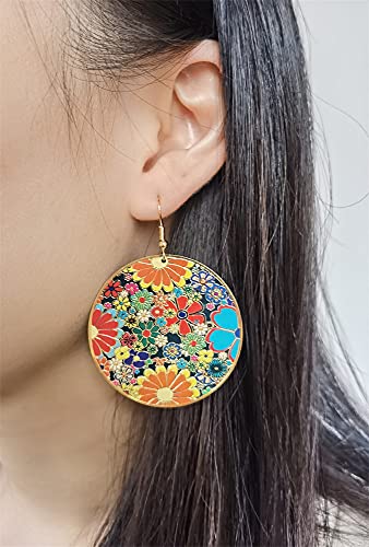 Gold Round Flower Disc Drop Dangle Earrings for Women Girls with Charms Boho Circle Ball Disk Blossom Spring Big Statement Dangling Hook Stud Earring Exaggerated Y2K Jewelry Gifts Christmas Festival Party3