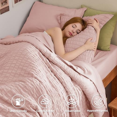 Image of HYMOKEGE Rose Gold Twin Comforter Set Seersucker 5 Pieces, All Season Luxury Bed in a Bag Queen for Bedroom, Bedding Set with Comforter, Sheets, Pillowcase & Sham