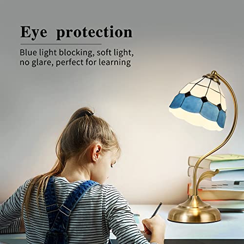 Shine Luest Vintage Blue Painted Glass Table Lamps, Dimmable Led Lights For Nightstand Office, Library, Bedroom, Parlor,Farmhouse #TOP4