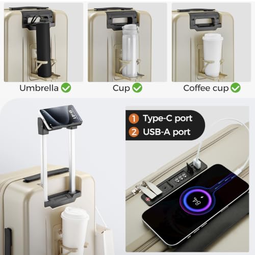 Image of Carry On Luggage Top Opening with Cup Holder & Phone Holder, Expandable PC Hard Shell Suitcase with USB Charging Port, Side Hook, 360 Spinner Wheels, TSA Lock & YKK Zippers