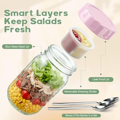 Image of Salad Jars with Lids Meal Prep Containers Glass - 32oz Leakproof Mason Jars Salad Containers with Dressing Cup for Lunch Bentgo, Full Meal Salads Lunch Containers with Spoon Forks for Adults