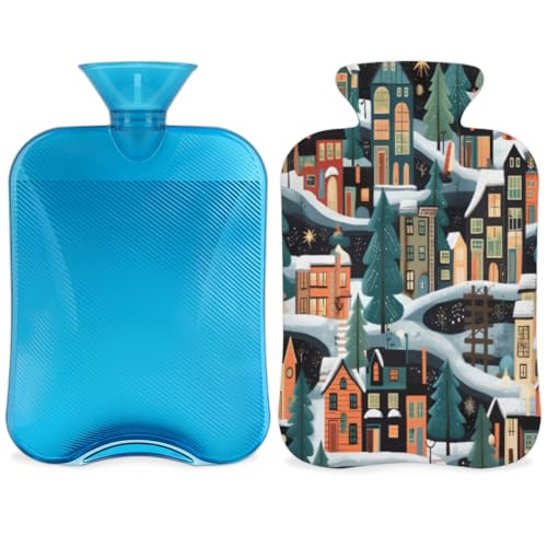 Hot Water Bottle with Soft Cover,2L Cartoon City Hot Water Bag for Hot and Cold Compress, Hand Feet Warmer, Colorful City Rubber Hot or Cold Water Bottle Halloween Christmas Decorations