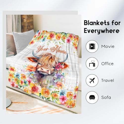 Custom Highland Cow Blanket, Cozy Soft Throw Gifts for Girls, Cute Colorful Flannel Throw Blankets for Couch Office, 40x50 Inches
