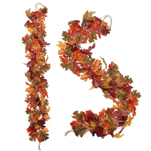 Hollyone 4 pcs Artificial Oak Leaves Garland, Autumn Decoration Fall Decor 5.2ft Fake Hanging Plant, Faux Vines for Home, Wall, Fireplace, Thanksgiving, Halloween, Party, Backdrop, Wedding