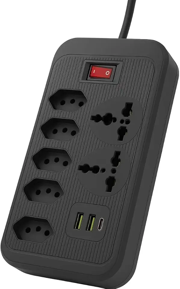 Extensão Tomada,Filtro de Linha, Régua Tomadas,Régua de Energia, 5 Tomadas, 2 Portas USB, 1 Porta USB Tipo-C, 2 Tomada Universal, Cabo de Alimentação de 2 metros (Preto)
