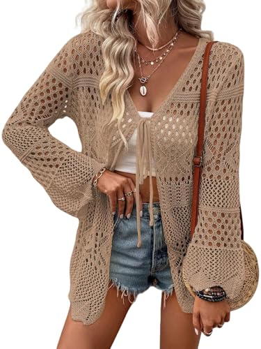 SISKIN Women's Swimsuit Coverup Cardigan Sweaters Lightweight Crochet Cotton Boho Tie Front Summer Tops Hollow Out