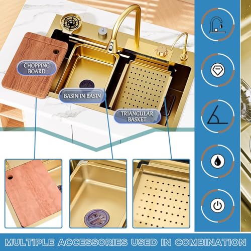 WIQUYBML Gold Waterfall Kitchen Sink - Nano Stainless Steel Single Bowl with Golden Pull-Out Faucet, Full Accessory Kit, Multifunctional Workstation for Modern Kitchens(68x45cm) - Image 6