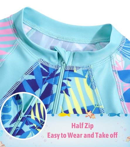 Image of Girls Long Sleeve Rashguard Half Zip Swimsuits UPF 50+ Two Piece Swim Sets with Hairband 5-12Y | Two Piece Swim Sets with Hairband