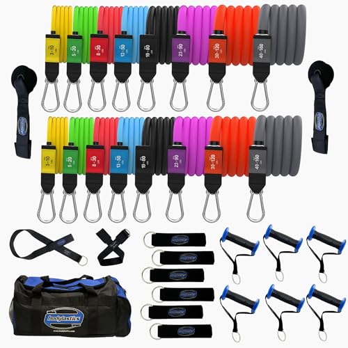 Image of Bodylastics Patented Basic Series Resistance Band Set - Resistance Bands with Snap Reduction Tech, 2 Handles, 2 Ankle Straps, 1 Door Anchor & 1 Carry Bag