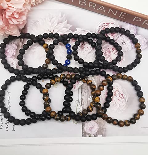 Mozaka 10Pcs 8Mm Natural Stone Lava Rock Beaded Bracelets For Men Women Tiger Eye Hematite Black Onyx Matte Beads Essential Oil Diffuser Lava Stone Bead Bracelets Bulk #TOP5