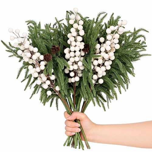 zjlmit 12 Pack Artificial Norfolk Pine Branches 17.7" Christmas Artificial Pine Stems with White Berry Stems Fake Pine Needles Picks for Vase DIY Crafts Garland Wreath Xmas Indoor Home Decor