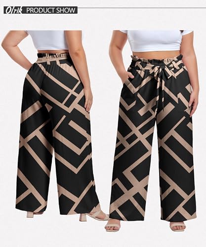 Image of OLRIK Women's Plus Size Pants Adjustable High Waisted Wide Leg Palazzo Pants Casual Trousers with Pockets Spring Clothes