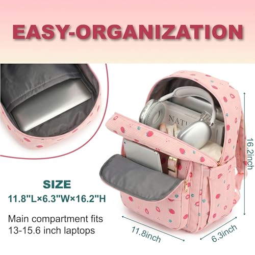 Image of Women Laptop Backpack, Corduroy 15.6 inch Travel Backpack for Work College Business, Teacher Nurse Bag with Large Capacity School Bookbag Bags for Girls - Strawberry Pink