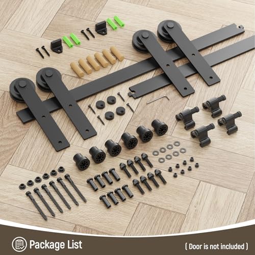 Image of CCJH 9FT Sliding Barn Door Hardware Kit, Heavy Duty, Smoothly and Silently, Easy to Install, Fit 27 inch Width Double Door Panel, I Shaped Hangers Black
