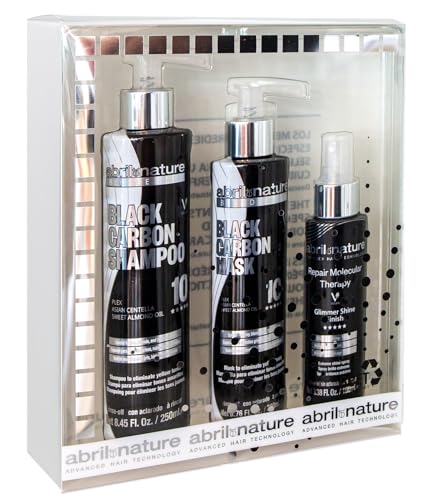 abril et nature - Set Cuidado Capilar Profesional Black Carbon - Matiza tonos no deseados - Nutre y repara - Pack Champú, Mascarilla y Spray - Hidratación Intensa - Ideal Rubios y Platinos - 550ml