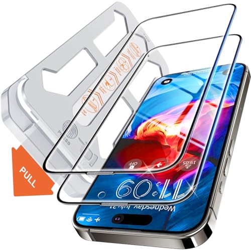 Tentoki Flash fit Verre Trempé pour iPhone 15/16 / 14 pro 6,1 Pouces, vitre Protection ecran [Lot de 2] -[nouvelle génération] Installation ultra simple, Couverture Complète, Anti Rayures