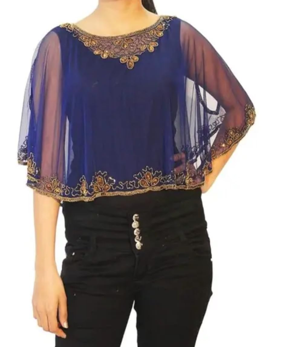 Women's Net Poncho Cape with Embroidery, Round Neck, Sleeveless, Black-image-49
