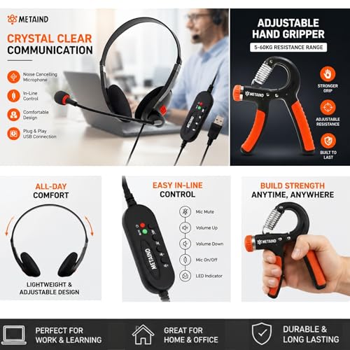 Image of Metaind USB Headset with Noise Cancelling Mic Meta MT440 & Adjustable Hand Gripper Combo | Wired Headphones for Office, Gaming, Online Classes, Work from Home