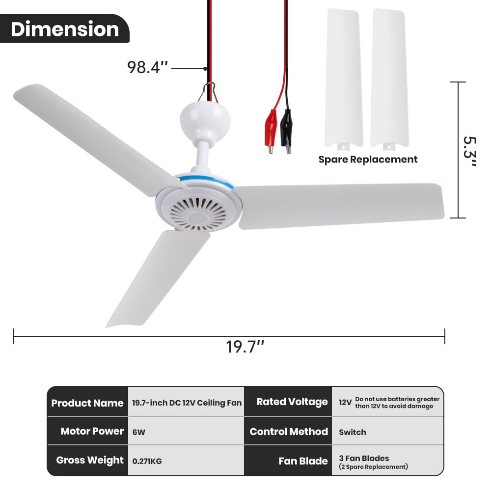 DC 12V Portable Mini Ventilateur de Plafond 19.7" - Camping Tente Extérieur Camping Car Gazebo - Alimenté par Batterie Conception Silencieuse