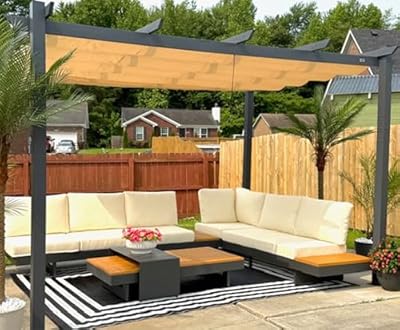 PURPLE LEAF 10' x 13' Aluminum Outdoor Pergola Wind-Resistant Retractable Pergola with Double Sun Shade Canopy Heavy-Duty Metal Pergola for Patios Backyard Deck Garden, Khaki