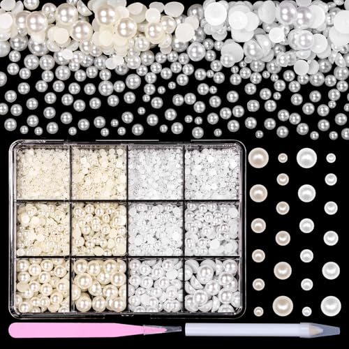 Beige White Half Pearls for Crafting, 2/3/4/5/6/8 mm Flatback Pearls Jewelry, Round Flat Pearls for Crafts Nails Art Face Makeup Clothing with Pickup Pencil and Tweezer