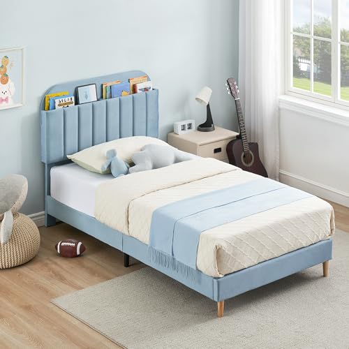 Lit enfant 1 personne 90x190cm,Sommier en bois avec rangement,Lit Simple enfant avec plusieurs pieds,Tête rembourrée,Lit banquette 1 place montessori pour...