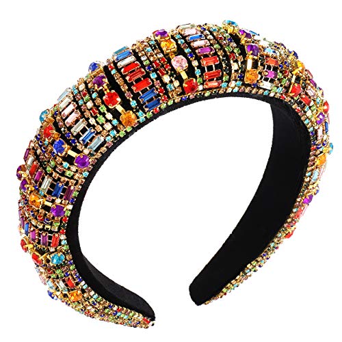 Rhinestone Padded Headband Bejeweled Colorful Baroque Rhinestone Embellished Wide Velvet Padded Statement Headband Hair Hoop for Women(Colorful)