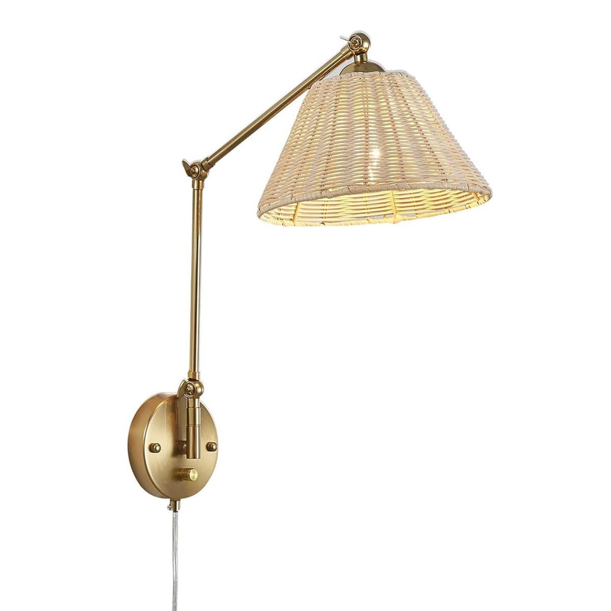 AoLa Vintage Rattan Wandleuchte Verstellbare, Innen E27 Wandlampe Dimmbar mit Schalter Gold Schwenkarm Wandleuchten mit Kabel und Stecker Retro Industrial Wand Leselampe für Schlafzimmer Büro,1 Stück