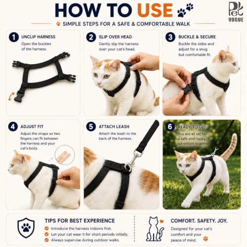 Image of PetVogue Basic Full Body Cat Harness with Leash Set for Walking for Cats Adjustable Soft Sturdy Escape Proof Kitten Vest Harness and Leash with Reflective Strip for Large Medium Small Cat (Black)