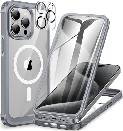 CENHUFO Funda Magnética iPhone 15 Pro, Compatible con MagSafe, Integrado [9H HD] Cristal Templado Protector Pantalla y Protector cámara, 360 Grados Antigolpes Carcasa Militar Capa Doble Case -Gris