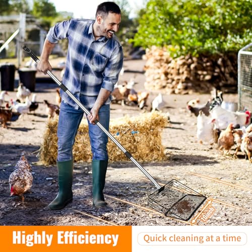Image of 10-inch Heavy Duty Chicken Poop Scooper, Adjustable Stainless Steel Chicken Coop Scoop (35.4 to 61.8 inch),4-in-1 Sifting Litter Shovel Scoop for Chicken Coop /Goat Stall /Stable Cleaning