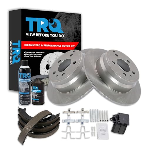 Image of TRQ Rear Brake Pad & Rotor Kit, with Chemical Kit Parking Brake Shoe Set Ceramic Compatible with 1994-1996 Volvo 850 1998-2004 C70 1998-2000 S70