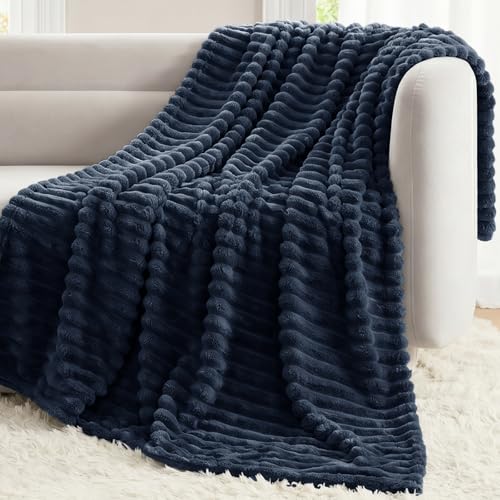 CozyLux Navy Blue Throw Blanket for Couch, Ribbed Fleece, 50 x 60 Inch by CozyLux - Used condition - US$17.28