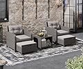 LHBcraft Balcony Furniture 5 Piece Patio Conversation Set, PE Wicker Rattan Outdoor Lounge Chairs with Soft Cushions 2 Ottoman&Glass Table for Porch, Lawn-Grey Wicker (Grey-Grey)
