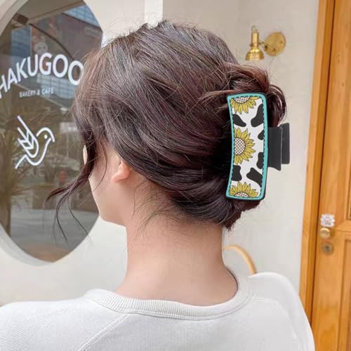 Image of PALAY Hair Claw Clip 4 Inch Black Leather Print Sunflower Design