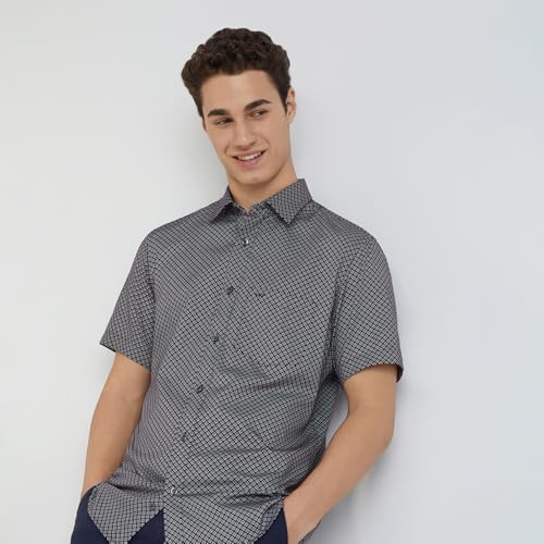 Image of Colorplus Men's Regular Fit Print Pattern Pure Cotton Plain Collar Half Sleeve Casual Shirt