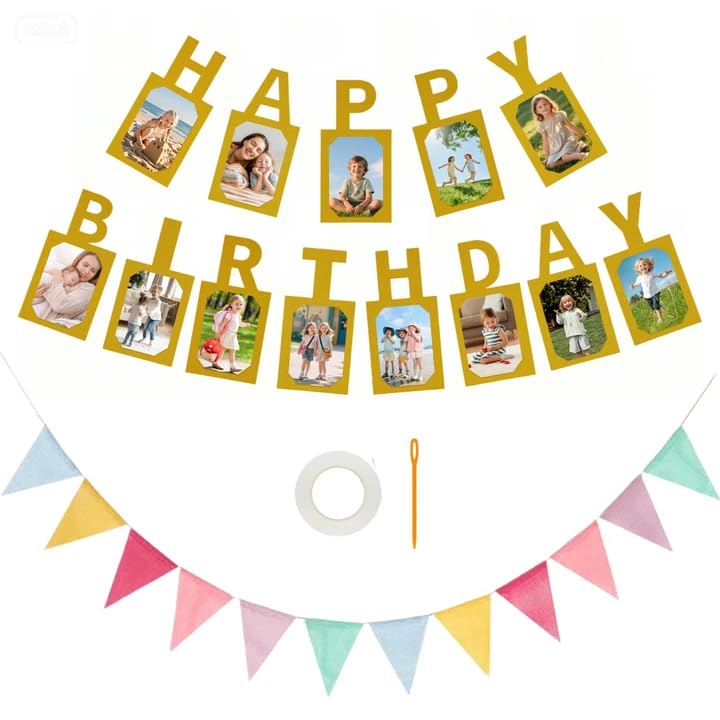 Festone Ghirlanda Foto con 12 Bandierine Triangolari, Banner Ghirlanda Happy Birthday in Carta, Striscione Fotografico Oro, Decorazione Compleanno per Decorazioni per Feste di Compleanno