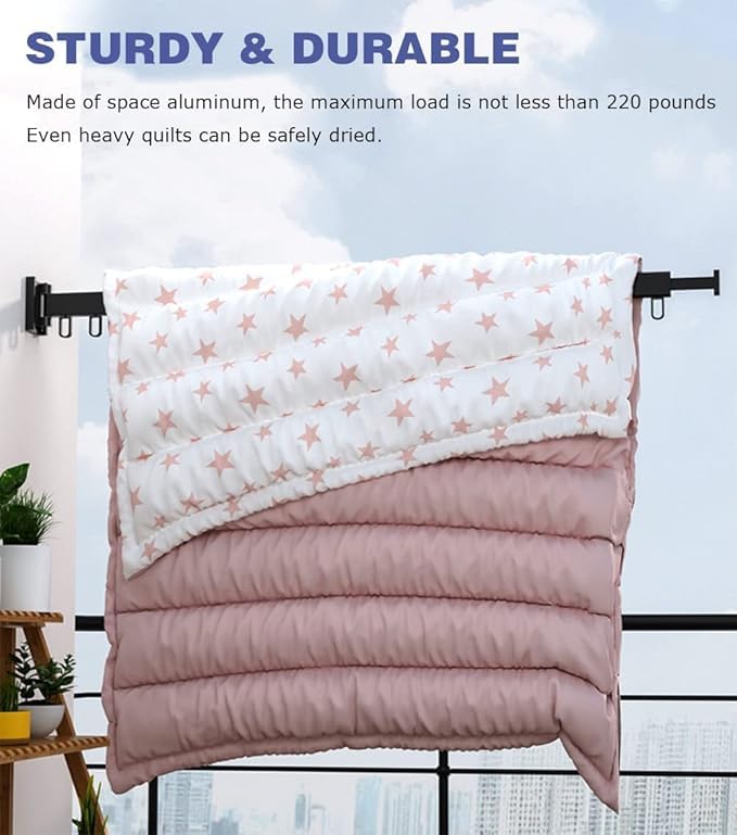 Image of Wall-Mounted Retractable Clothes Drying Rack | 51 Inch Extendable Folding Laundry Hanger with 360 Rotating Arms | Heavy-Duty Multi-Hook Drying Rail for Balcony, Bathroom, Indoor & Outdoor Use