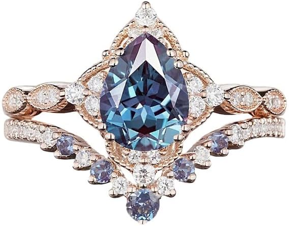 10K 14K 18K Gold Vine Alexandrite Wedding Ring Sets for Women Oval/Heart/Pear/Kite/Hexagon/Cut Twig Alexandrite Promise Anniversary Ring Sets Size 3-16