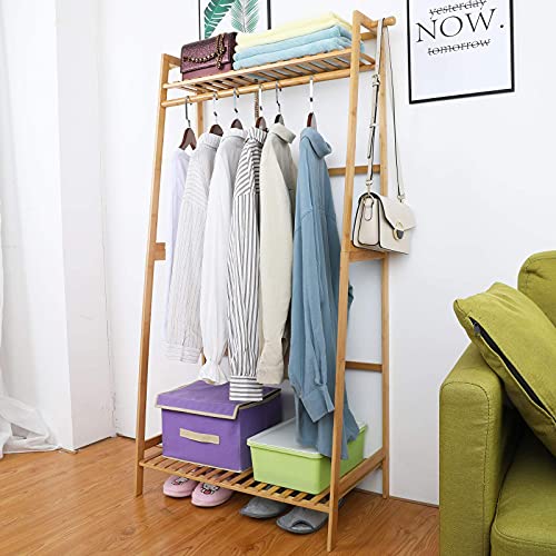 Ufine Bamboo Clothes Hanging Rack With 2 Tier Storage Shelves And 2 Coat Hooks Portable Laundry Rack Cloest Organizer Garment Rack For Bedroom Guest Room #TOP1