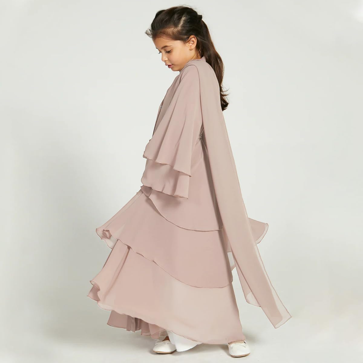 IMEKIS Girls Muslim Open Front Robe Cardigan Dubai Clothes with Belt Abayas Three-Layered Chiffon Kaftan Islamic Prayer Hijab Dress Gown Champagne 13-14 Years