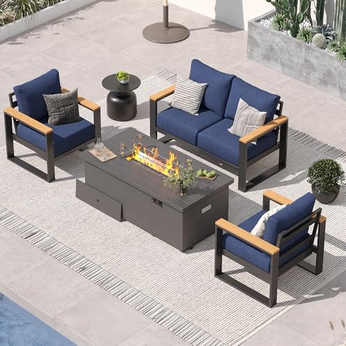 Image of Sundale Outdoor Aluminum Patio Furniture Set, 4 Piece Outdoor Conversation Sets with Fire Pit and 6 inch Thick Olefin Cushions, All Weather Outdoor Sectional Set for Deck, Lawn, Yard (Navy Blue)