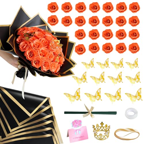 CCYXSHOW DIY Glitter Roses Bouquet Kit -Artificial Orange Rose Bouquet Fall Everlasting Flowers Fake Shiny Bouquet Anniversary Engagement Wedding Birthday Party Gifts 24 Roses